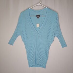 Dots Vtg Empire‎ Rib Knit Top Womens Large Pastel Blue Short Sleeve V-Neck Tube